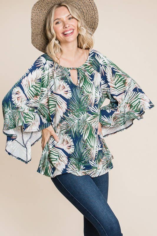 Emerald Collection – Großhandel Bluse – Damen – ETK-8530 Tropische Glockenärmel Schlüsselloch-Oberteil1