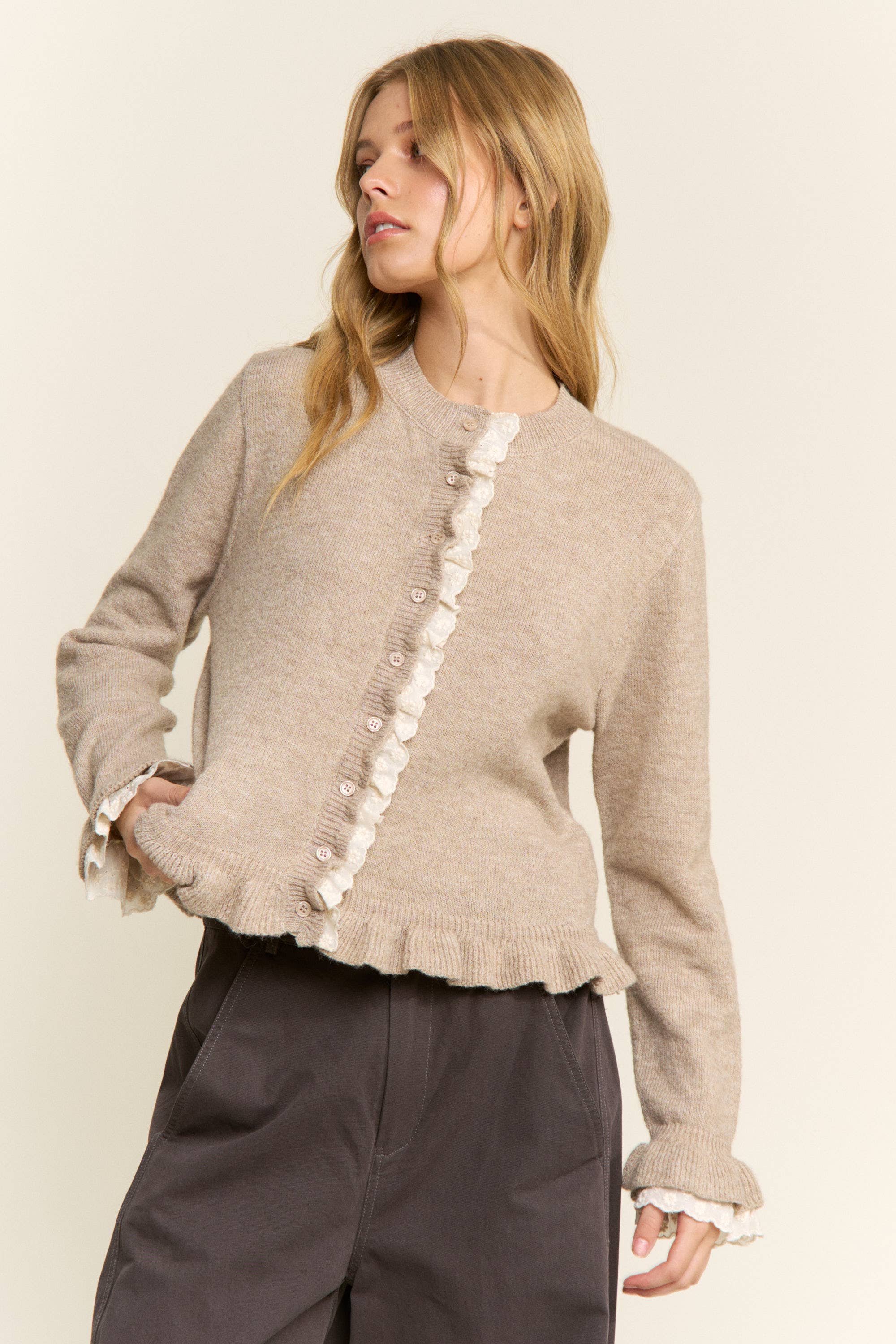 CANDESCENT - Wholesale Cardigan - Women's - Lace Trim Ruffle Hem Cardigan6