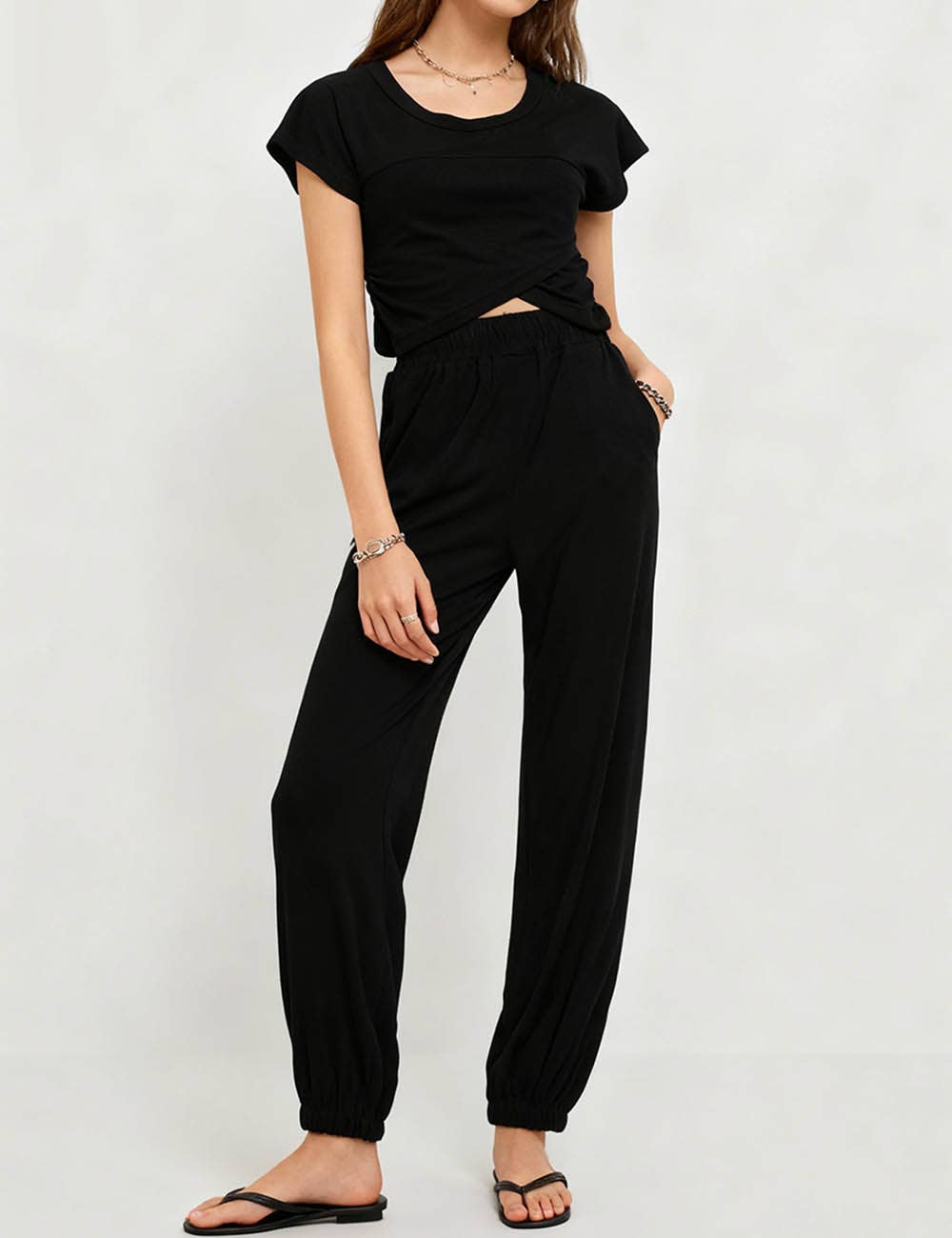 Sweetkama - Wholesale Lounge Set - Women's - Ladies Solid Color Crop Top and Pants Set SKST3793