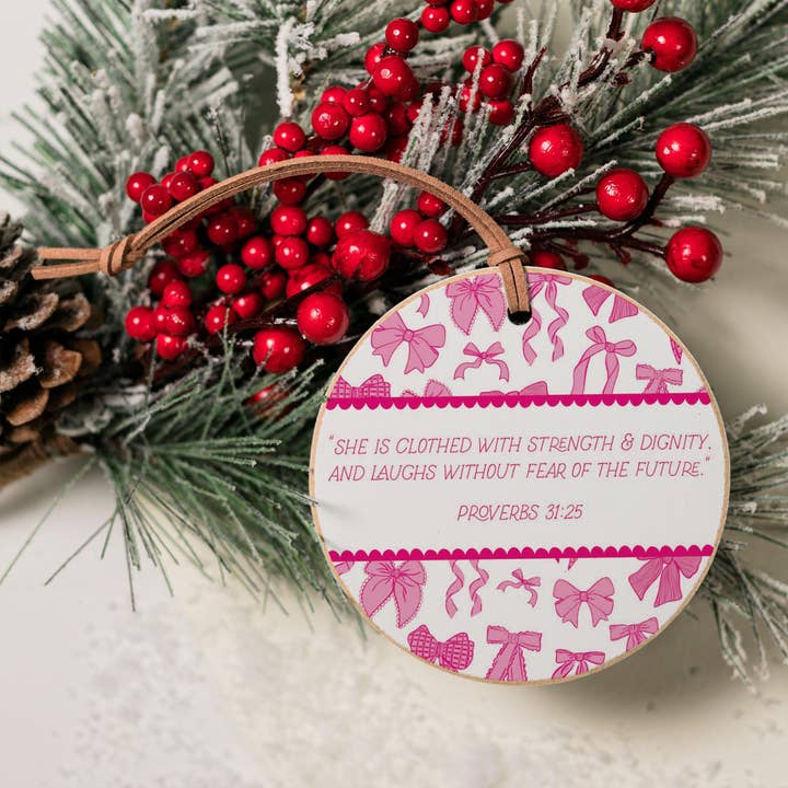 Clairmont & Co - Wholesale Ornament - Pink Bows She Is Clothed Round Ornament, Bow Ornaments