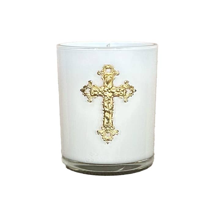 Hoge Witte Glazen Kaars Messing Kruis voor wholesale door The French Bee & Co