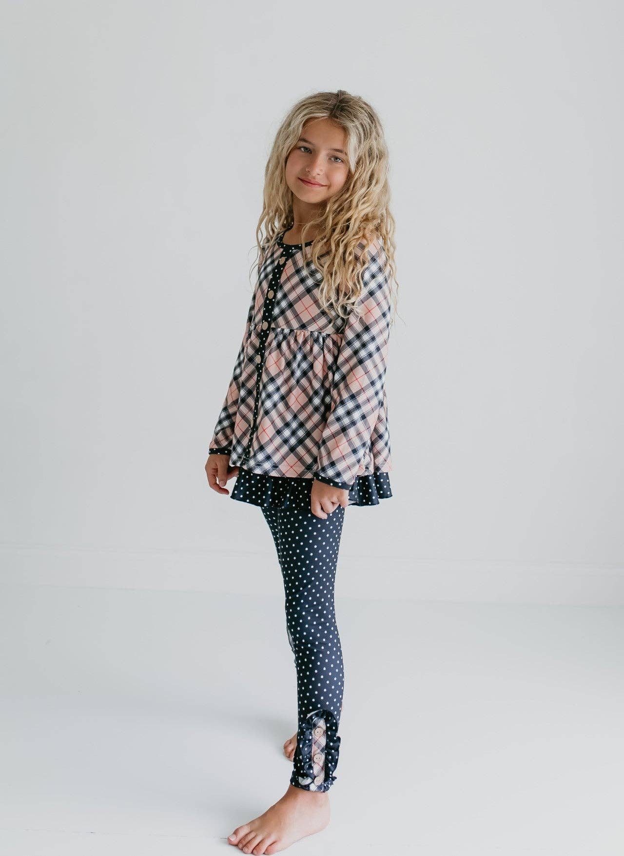Adorable Sweetness - Wholesale Top & Pant Set - Kids - Girls Tan Plaid & Polka Dot Ruffle Pocket Button Legging Set5