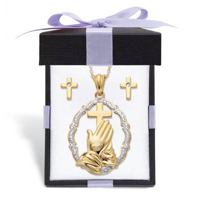 Diamond Accent Praying Hands Necklace & Cross Earrings Set and other Purchase Wholesale stronghand handschuhe. Free Returns & Net 60 Terms on Faire trending on Faire.