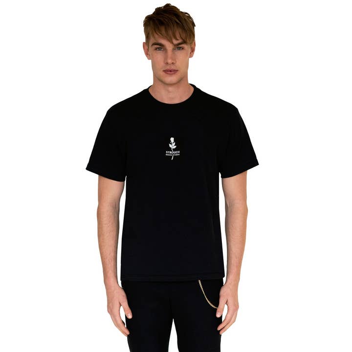 Black t-shirt rose embroidery for wholesale by William Strouch