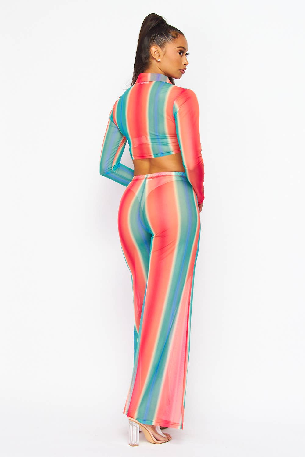 VERT CORAIL Joli ensemble haut court transparent et pantalon large arc-en-ciel (HDC30356) en vente sur Faire2