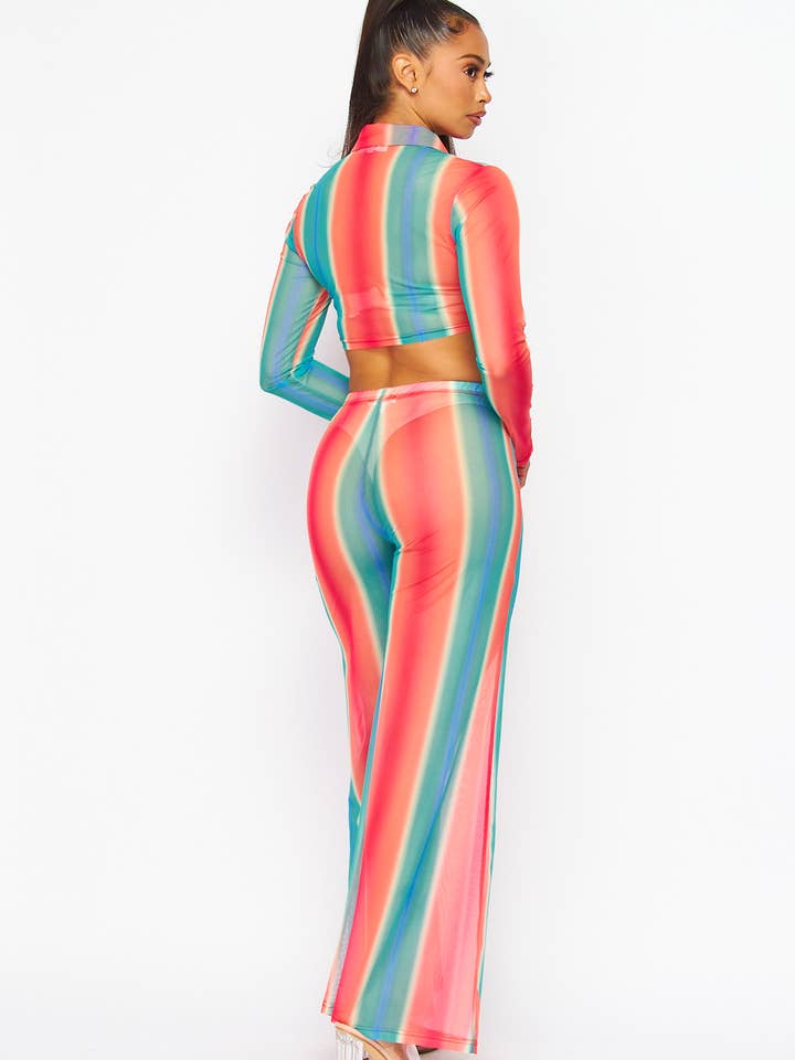 VERT CORAIL Joli ensemble haut court transparent et pantalon large arc-en-ciel (HDC30356) en vente sur Faire2