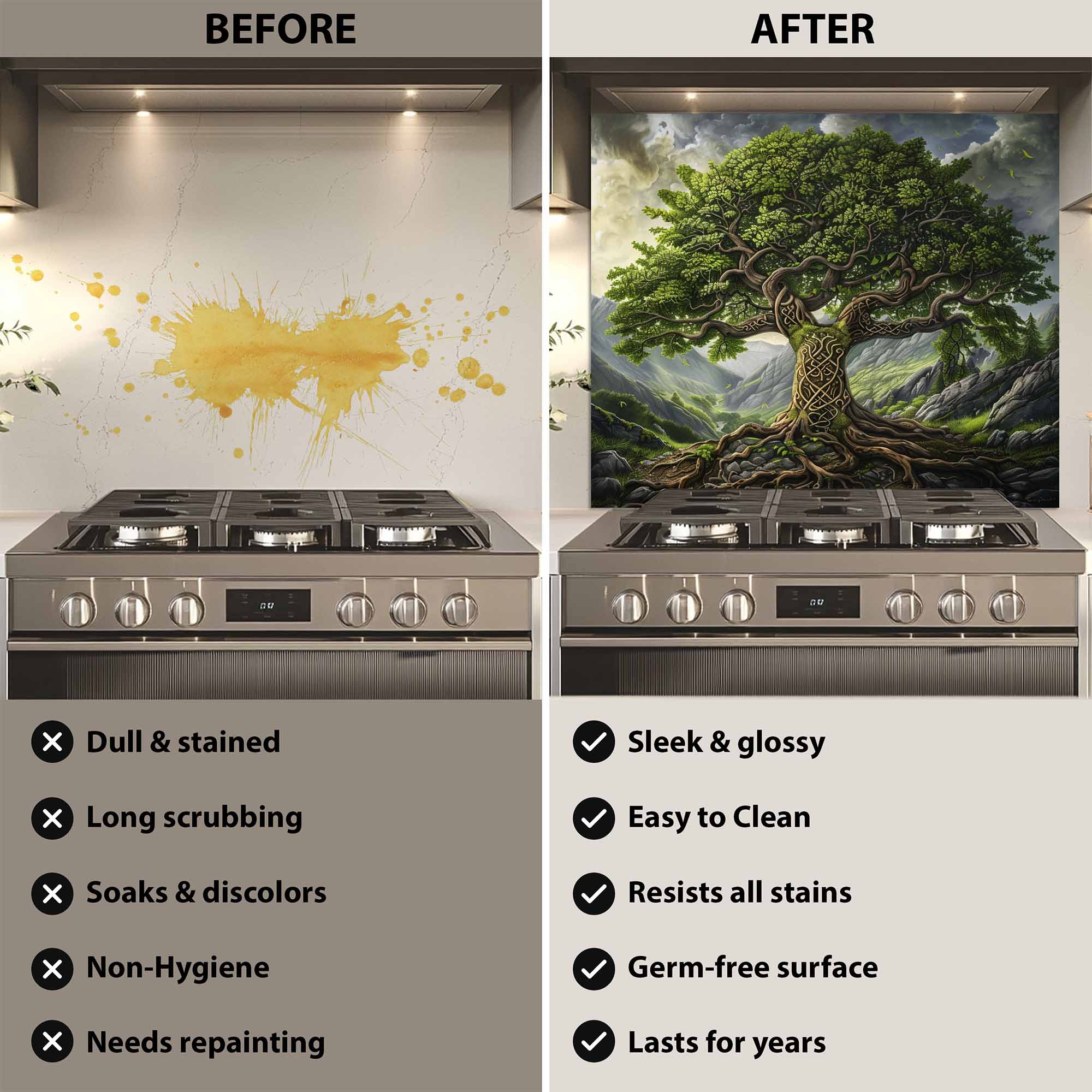 Glass Kitchen Backsplash - Wholesale Wall Accent - Celtic Mountain Tree Tempered Glass Backsplash – Kitchen Backsplash Behind Stove4