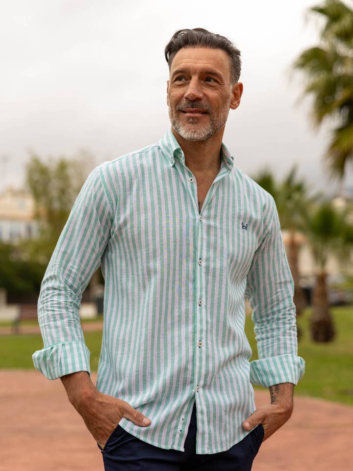 Custi Mikelo - Wholesale Button Down Shirt - Men's - Green Striped Linen Shirt | Baza