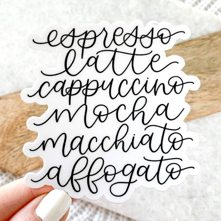 Espresso Latte Cappuccino Coffee Drinks List Sticker 3x3in. for wholesale by Elyse Breanne Design
