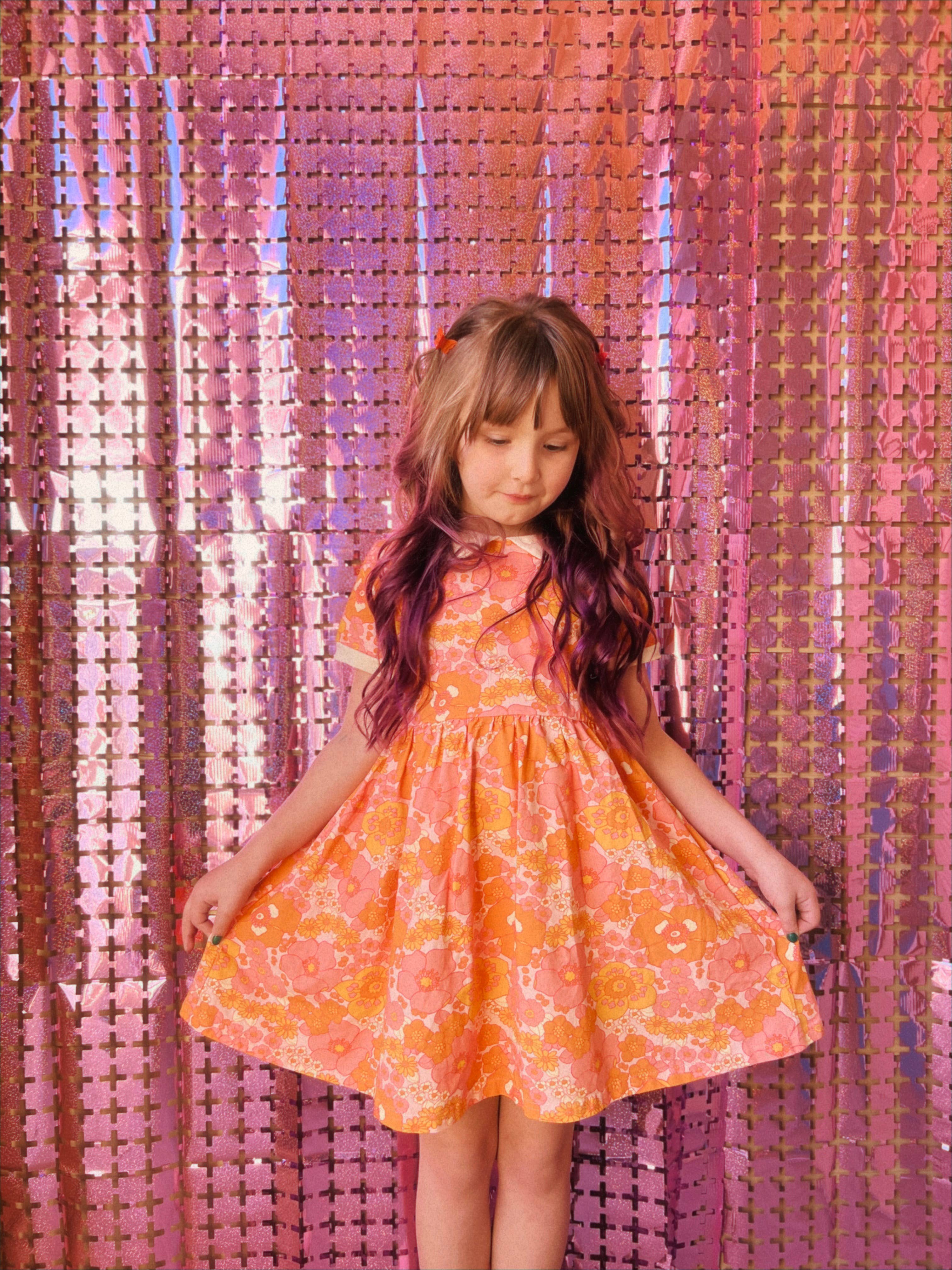Strawberry Jam Kids - Wholesale Dress - Kids - Girls' Mod Collar Dress in Orange and Pink Flower Power 3