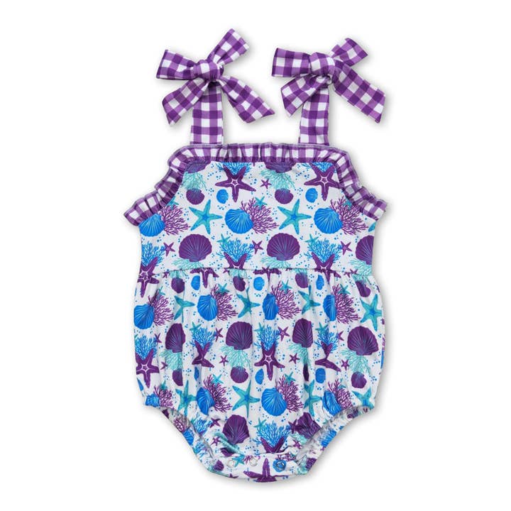 Purple plaid straps starfish shell baby summer romper for wholesale by Yawoo Garments