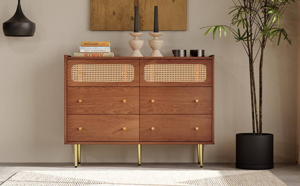 Urban Meuble - Wholesale Cabinet - Vintage sideboard with 6 rattan drawers, golden handles and legs, 120*90*40cm DELMO18