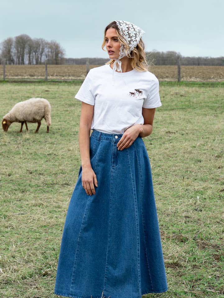 Lange uitlopende denimrok met hoge taille en inzetstukken - 5992 voor wholesale door Daphnea