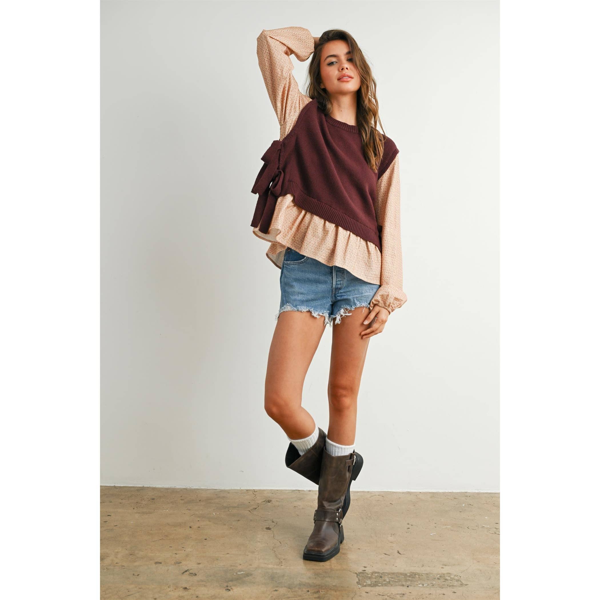 BUTTERMELON - Wholesale Shirt - Women's - Side Ribbon-Tied Knitted Top - BMW77597