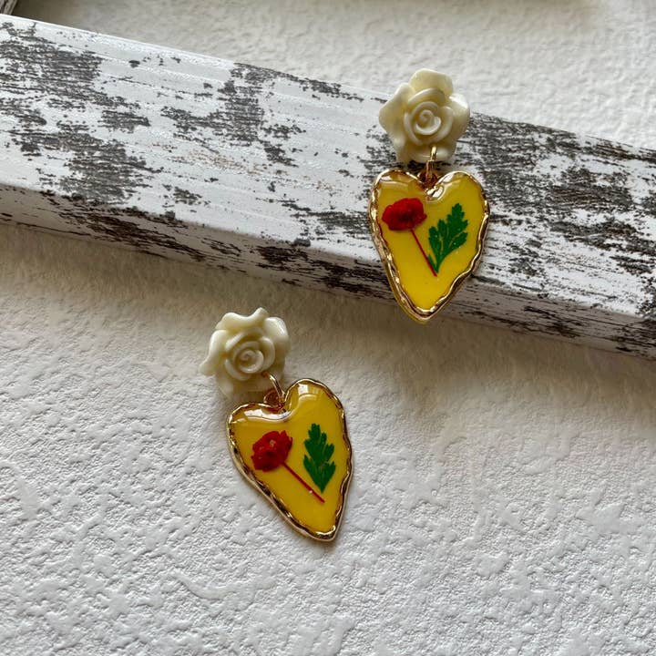 Funkyrel® Atzbranding Limited - Wholesale Dangle earrings - Vintage Yellow Rose & Heart Earrings2