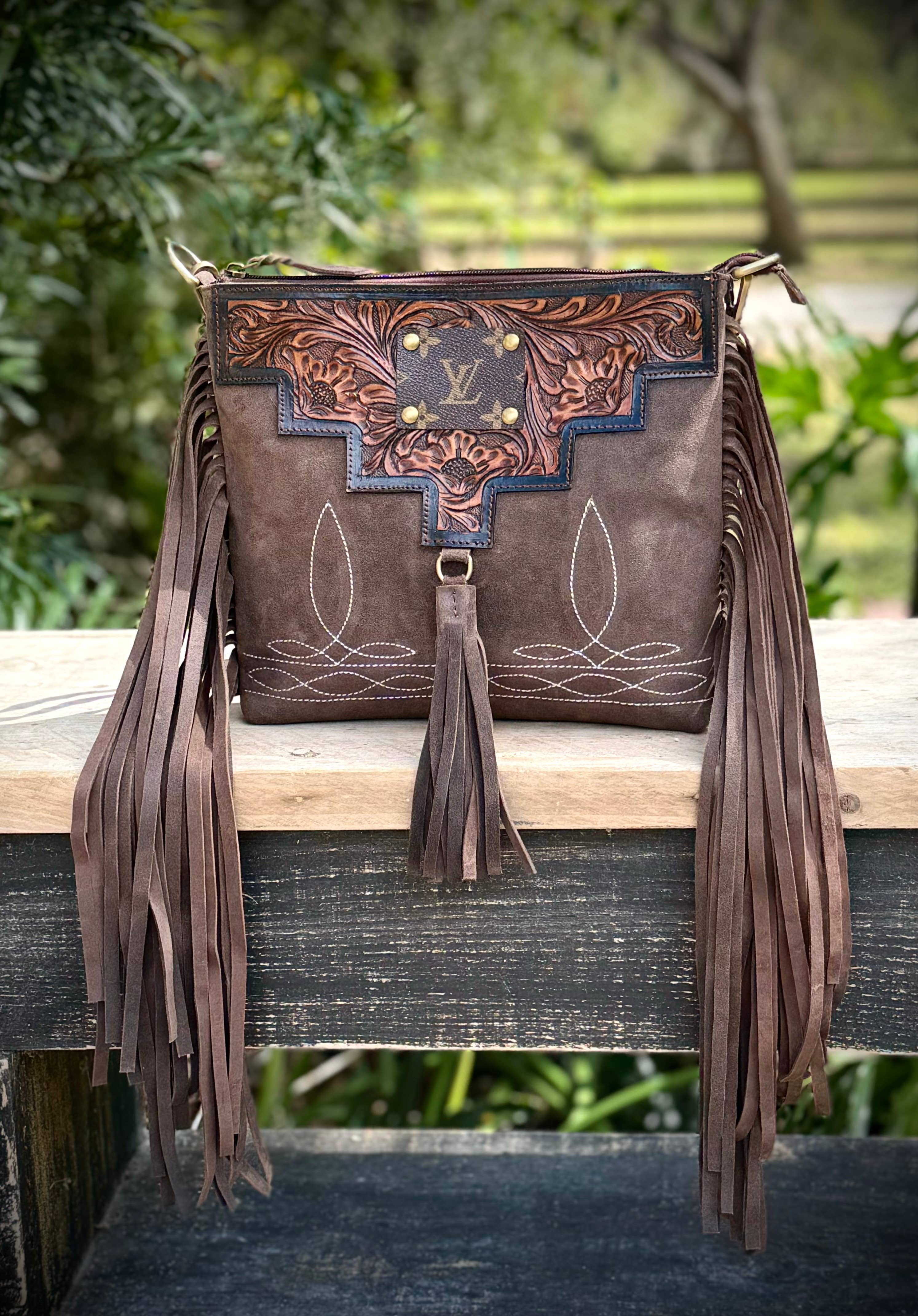 Southern Junkie Gypsy Boutique - Wholesale Crossbody Bag - Women's - Upcycled Leather Suede Boot Stitch Fringe Crossbody Bag2