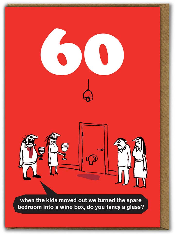 Sjov 60-års fødselsdagskort vinæske af Modern Toss for engroshandel hos Brainbox Candy