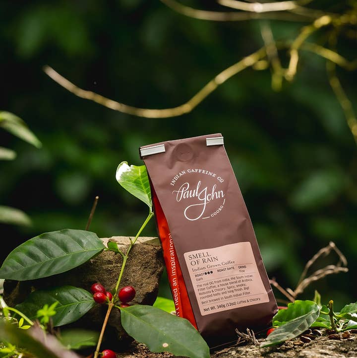 Paul John Indian Caffeine Co. - Wholesale Coffee Beans - Indian Coffee, Smell of Rain, 12 oz bags, Ground1