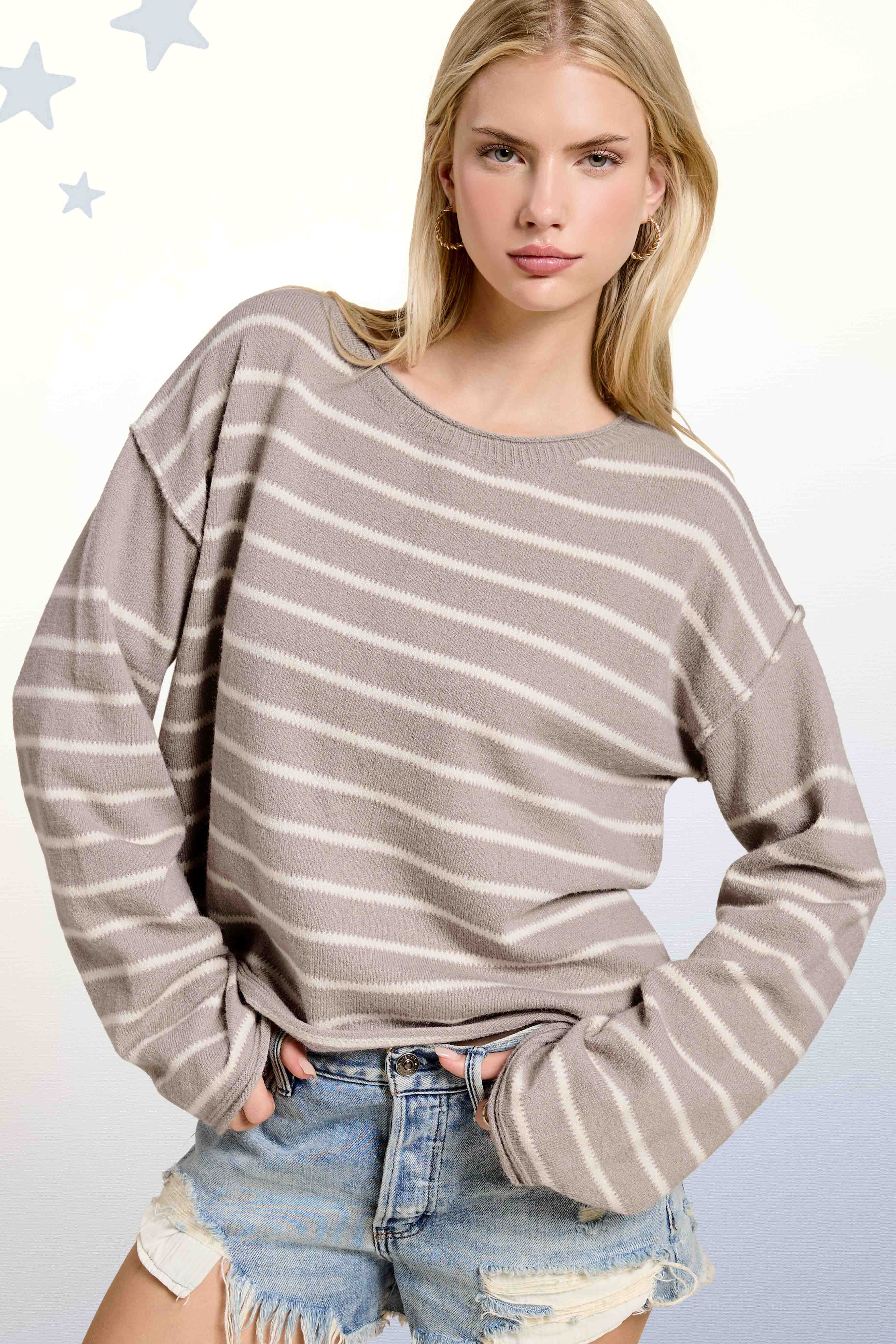 La Miel - Wholesale Knit Sweater - Women's - MCS3588-Striped Round Neck Loose Fit Long Sleeve Sweater4