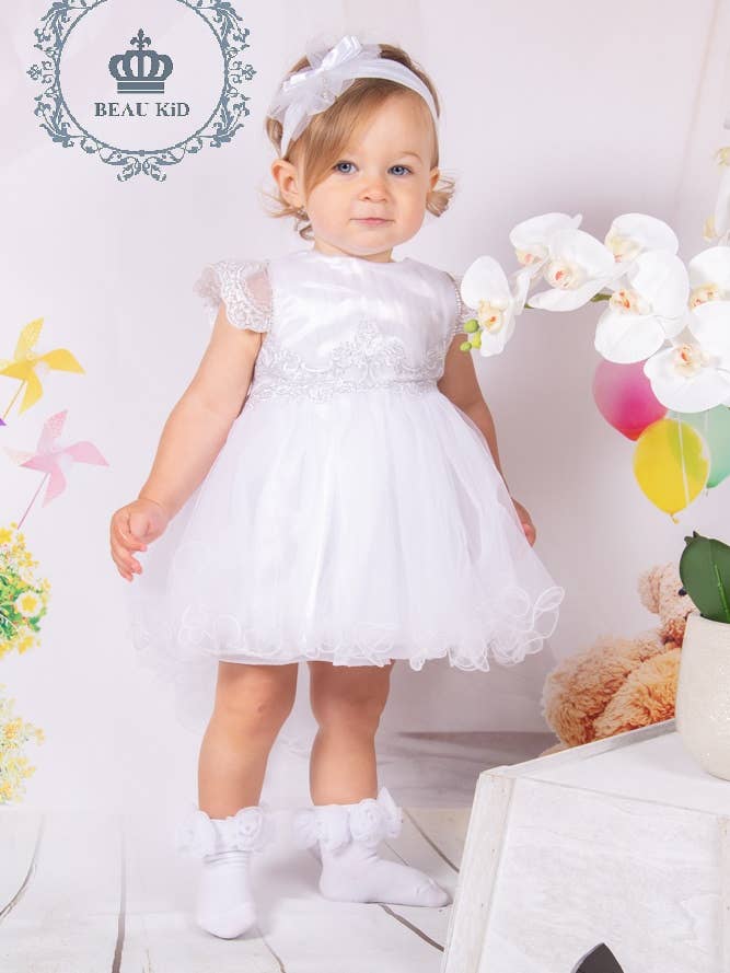 Babyfinklänning för dop med spetsdetaljer och rosett, vår/sommar 123045 för wholesale av BEAU KiD