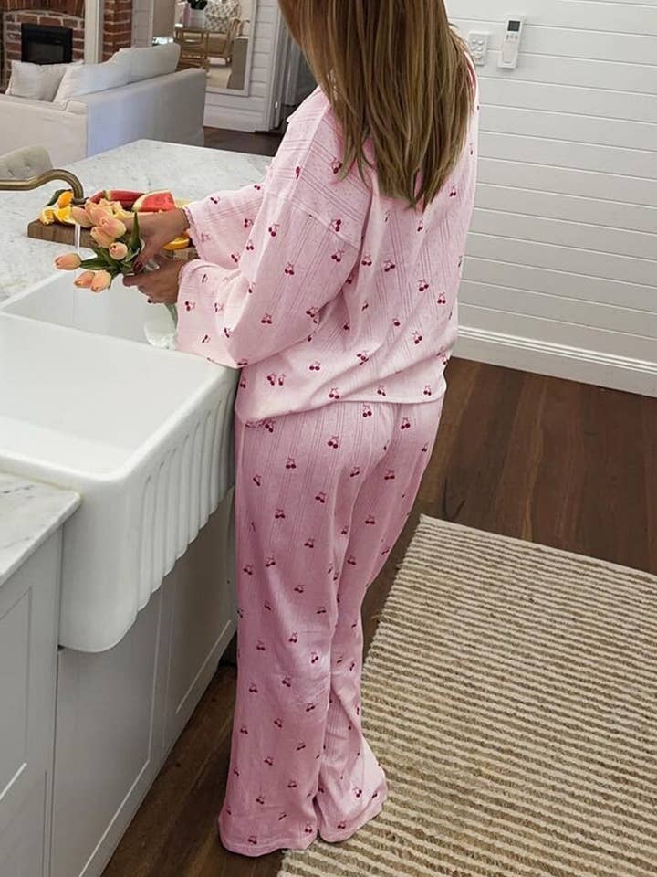 DE VAVE - Wholesale Sleepwear Set - Women's - Cherry Print Button-Front Pajama Set