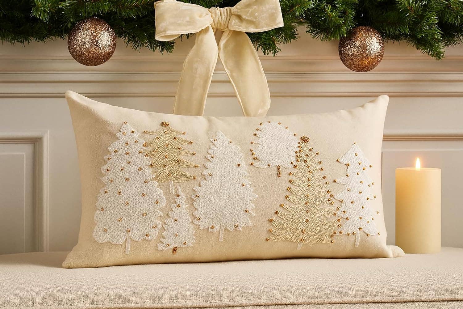 Fennco Styles - Wholesale Throw/Decorative Pillow - Ivory Embroidered Christmas Tree 12"x20" Throw Pillow1
