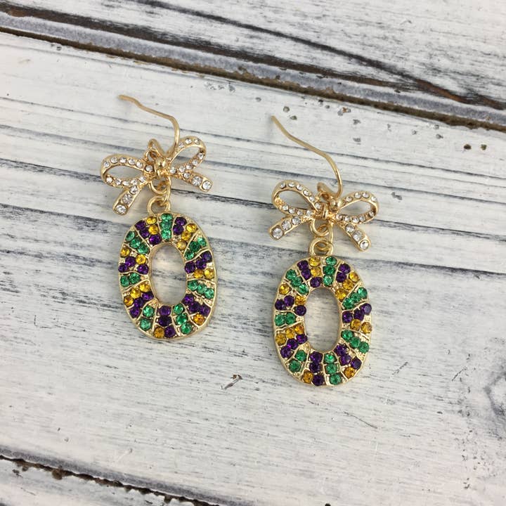 SongLily - Wholesale Dangle Earrings - Mardi Gras stone bow king cake earrings