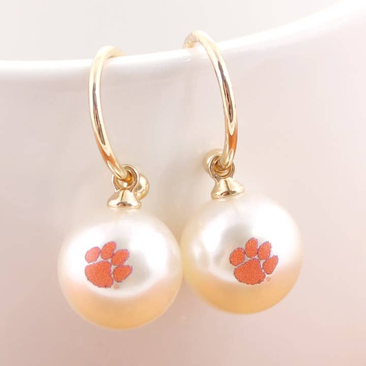 Clemson Pearl Logo Hoop Earrings for wholesale by Seasons Jewelry