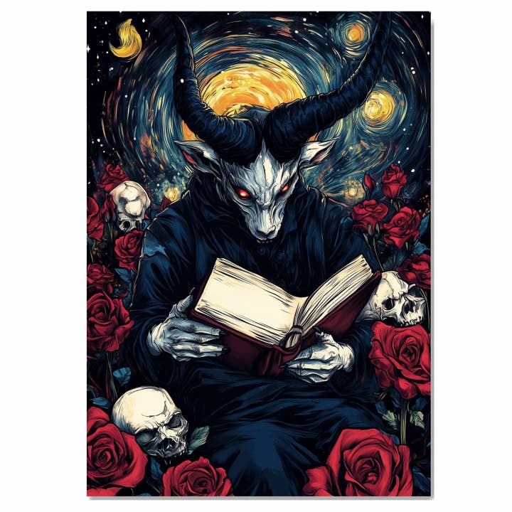 Gothic Devil Reading Book Canvas Wall Art with Roses & Skull for wholesale by Art Paradise Studios