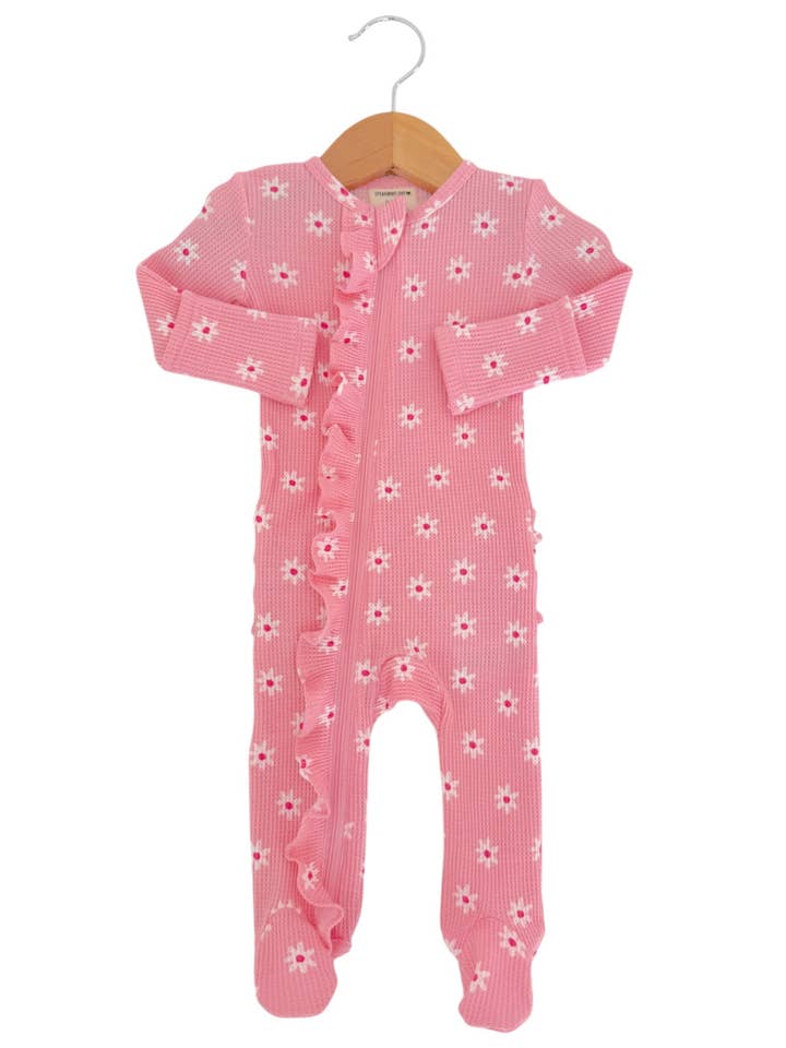 SpearmintLOVE - Wholesale Jumpsuit - Baby - Organic Waffle 2-Way Zip Ruffle Footie, Pink Flower3