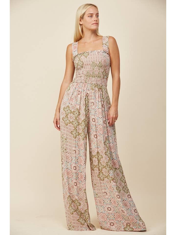 SAGE BOHO PAISLEY PRINT KNIT SMOCKED JUMPSUIT W4451RE for wholesale on Faire