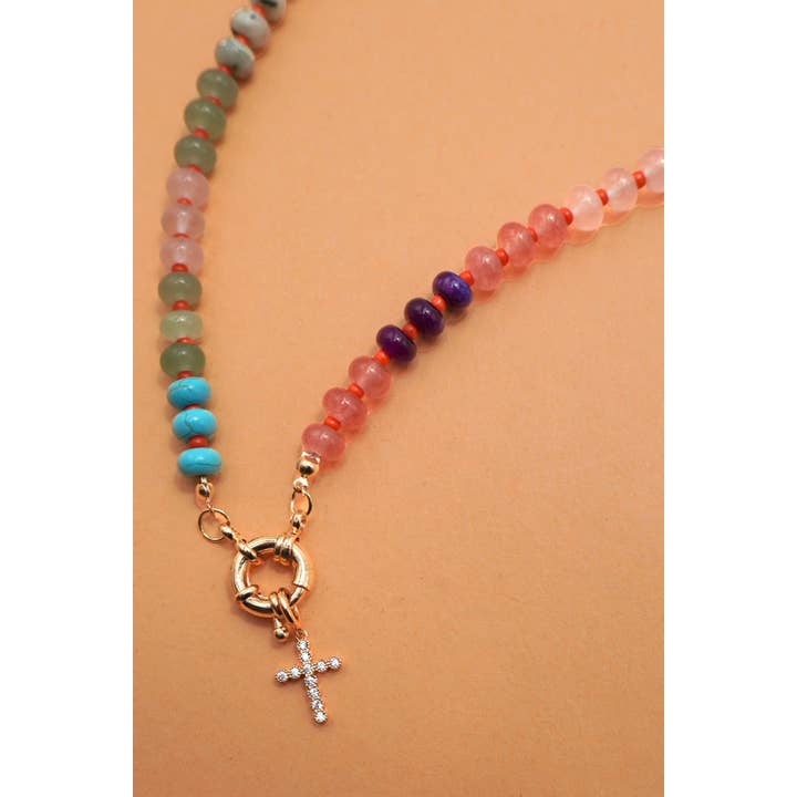 JOSSLYN by wall to wall - Wholesale Beaded/Pearl Necklace - NATURAL STONE CHARM SPRING CLASP BEADED NECKLACE | 40NK946712