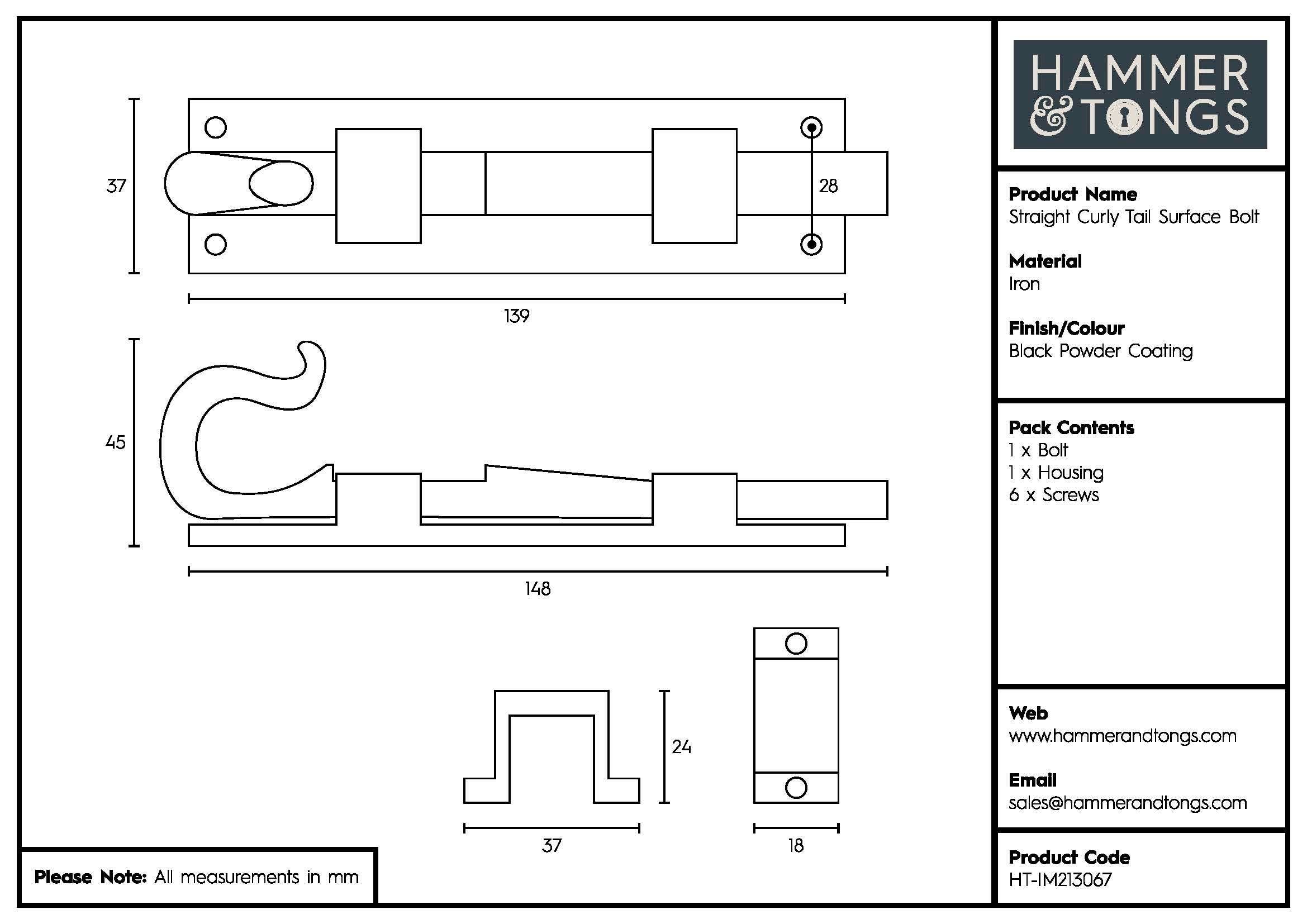 Rinkit Ltd - Wholesale Knob/Pull - 140mm Straight Shepherd's Crook Surface Bolt Hammer & Tongs4