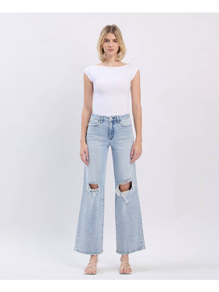 SLICK HIGH RISE DISTRESSED WIDE JEANS LV1862 for wholesale on Faire