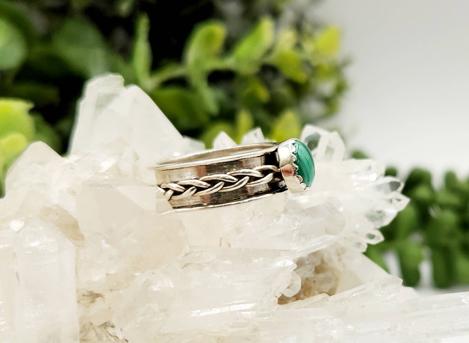 Meraki Gemstones - Wholesale Cocktail/Statement Ring - SPINNER RING-Sterling Silver/925-Malachite Gemstone w/Braid5