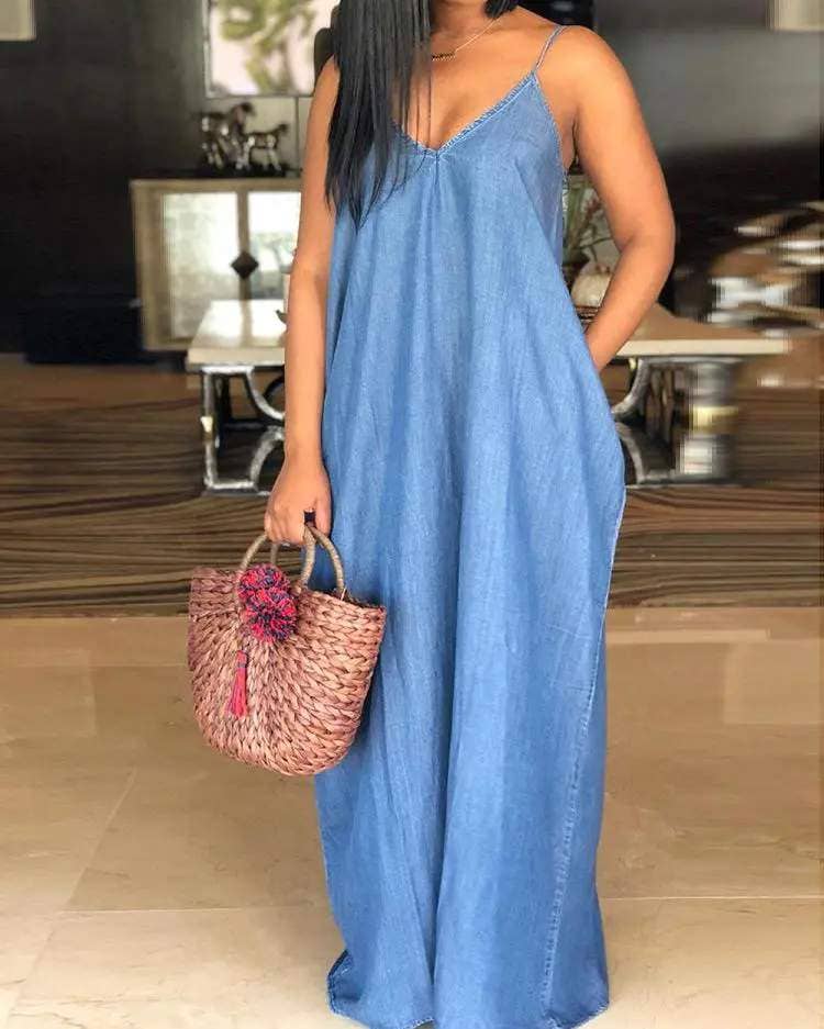 BLUE plain spaghetti strap denim casual dress for wholesale on Faire2