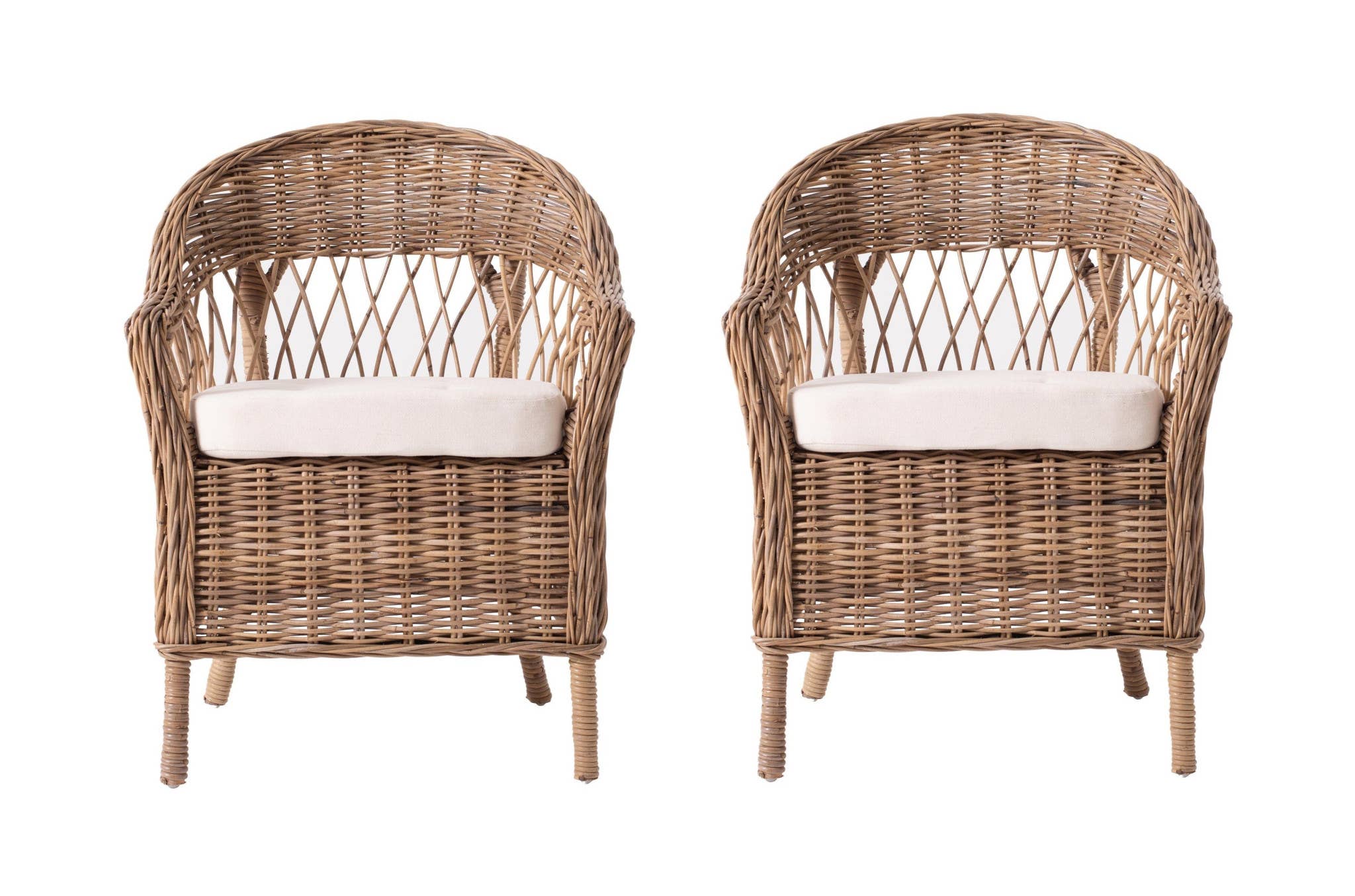 HomeRoots - Wholesale Chair - Set of Two Gray Brown Semi Circle Back Wicker Chairs with Seat Cushions