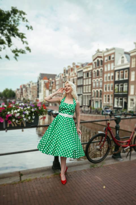 Daisy Green Polka Dot Halter Dress for wholesale by Dolly & Dotty