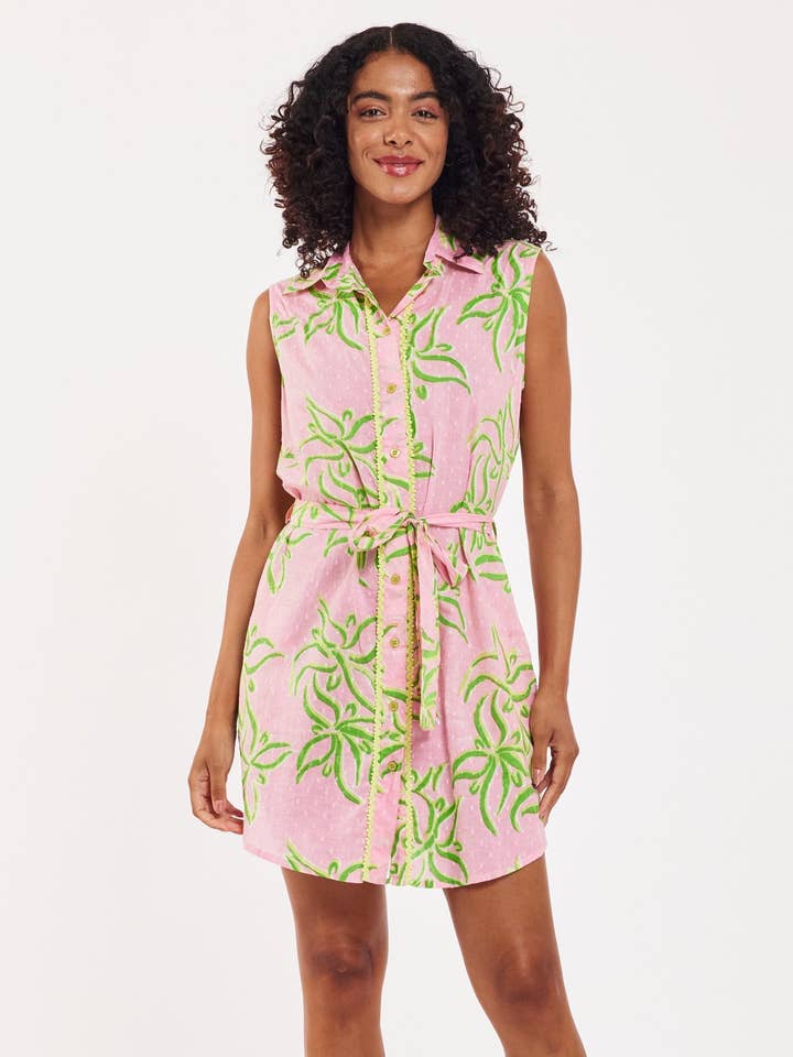 ModaPosa - Wholesale Dress - Women's - Carlotta Shirt Dress Abstract Flower Candy Pink Lime Spring