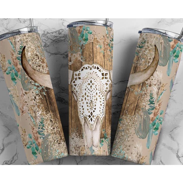 Cow Skull turquoise tumbler for wholesale by Southern Backroad Tees LLC