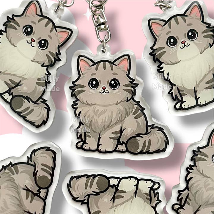 Gray Silver Longhaired Tabby Cat Acrylic Keychain with Epoxy Resin | Easy-Clip, Cute Cat Cartoon, Hand-Drawn Design, Cat Lover Gift for wholesale by Milly Made Designs