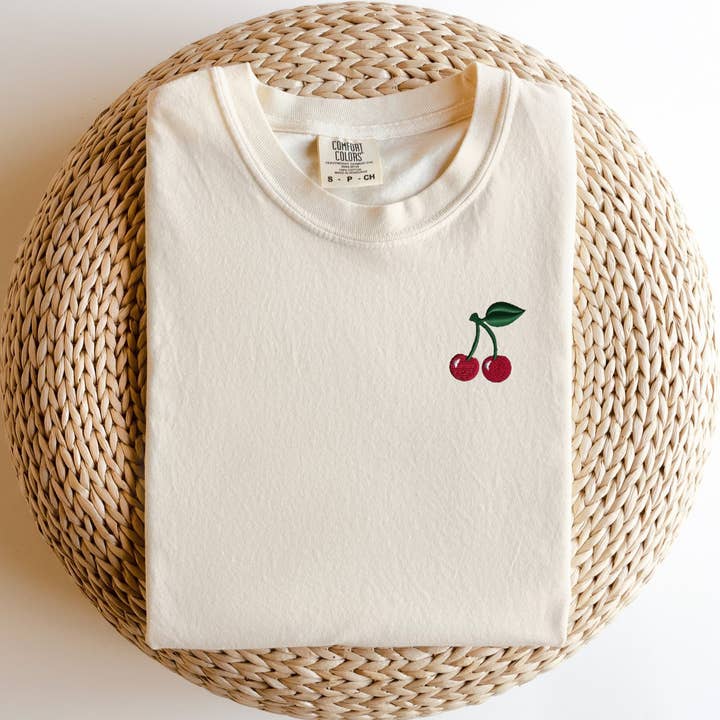 Embroidered Cherry Garment Dyed T-shirt for wholesale by Custom Cuties