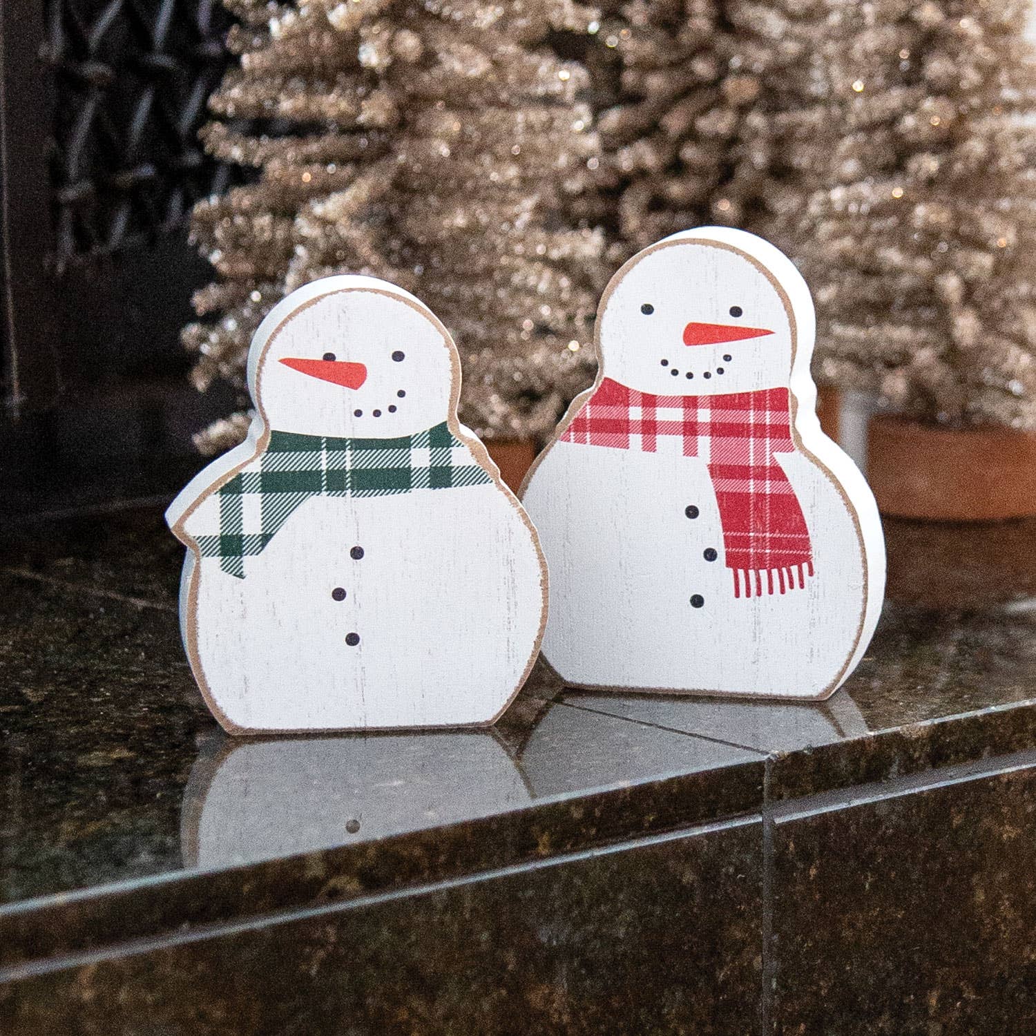 Col House Designs - Wholesale Christmas Decoration - 2/Set, Red & Green Scarf Wooden Snowman Sitters1