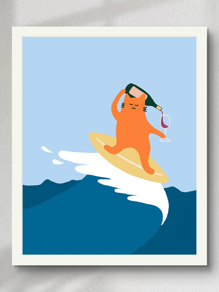 "Drinking and Surfing Cat" Matted Print for wholesale by Angela Wan Art