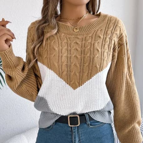 Cable-Knit Color Block Round Neck Sweater for wholesale by Prestige Boutique