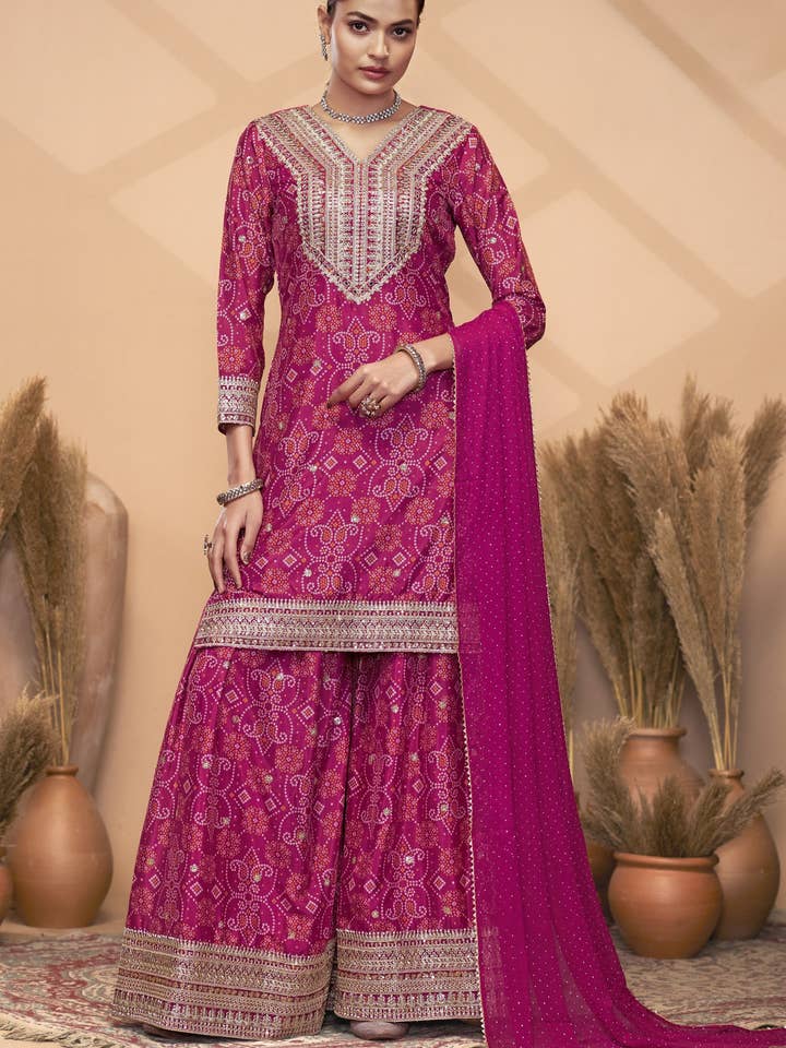 Pink Chinon Silk Palazzo Suit For Indian Wedding & Pakistani Festival - Embroidery Work, Print Work, Mirror Work for wholesale by HATKE BRIDE