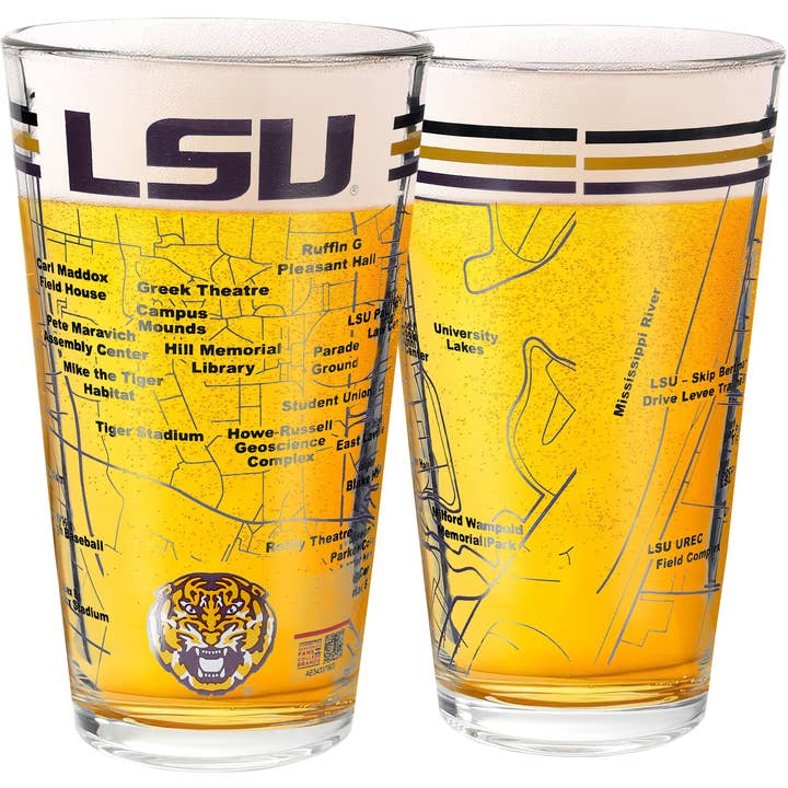 Verres à bière de la Louisiana State University - Logo LSU polychrome et carte du campus Idée cadeau LSU Tiger pour diplômés et anciens étudiants (lot de 2) pour la vente par Greenline Goods