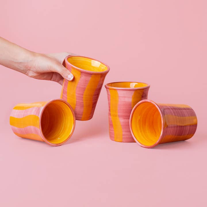 Alfar Tierra Cocida - Wholesale Drinking Glass/Cup - Ceramic breakfast cup 250 ml/PEPA Pink and Yellow Stripes