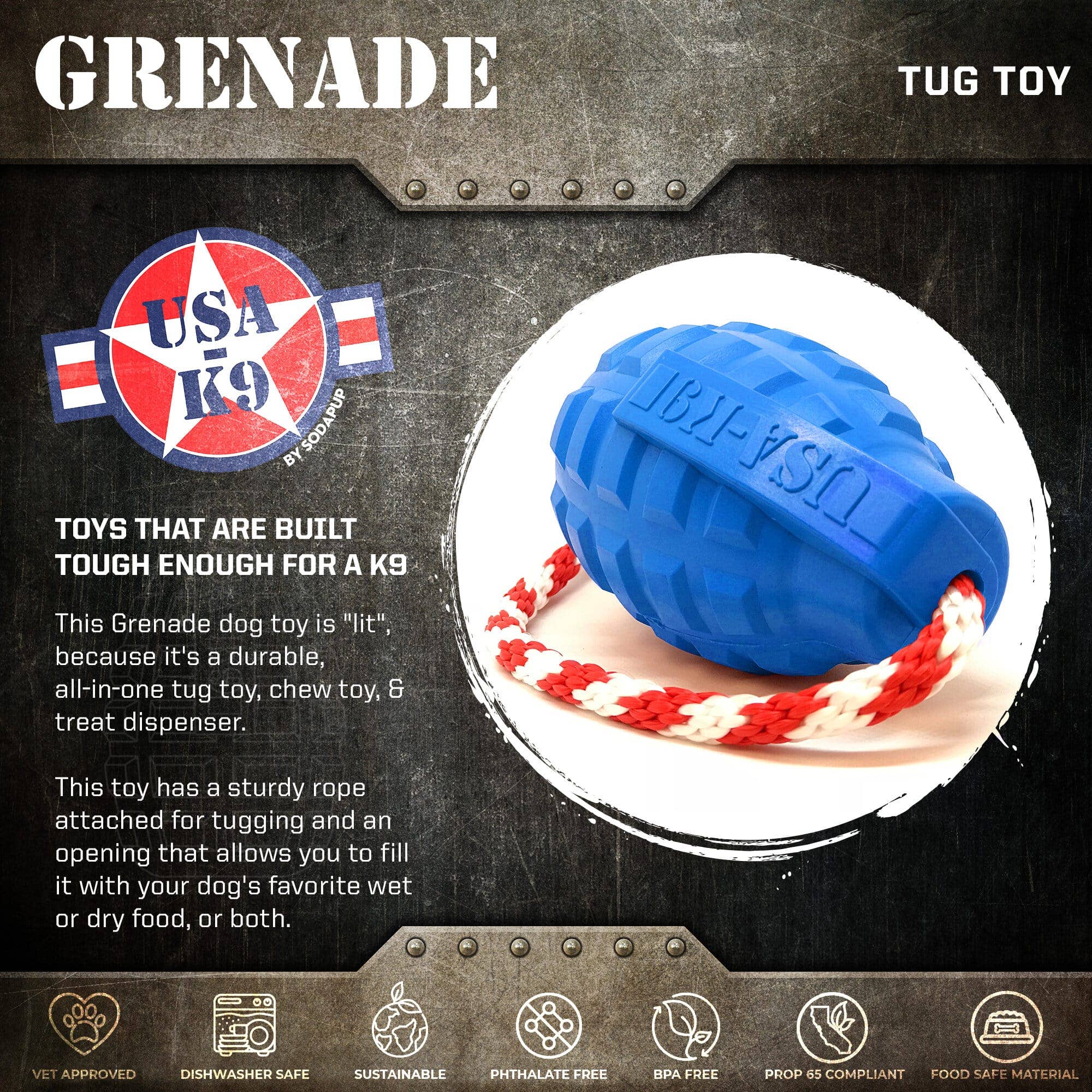 SodaPup Dog Toys – Großhandel Haustier-Kauspielzeug – Hund – USA-K9 Grenade - Kauspielzeug - Belohnungsspielzeug - Blau3