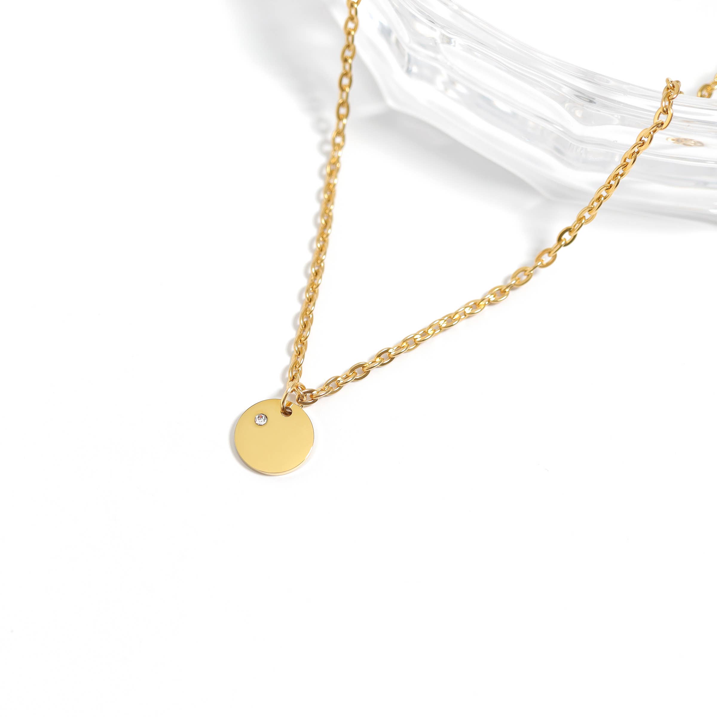 WJW - Vendita all'ingrosso Ciondolo/pendente - Charm rotondo da incidere con pietra di nascita, acciaio inox PVD oro 18K21